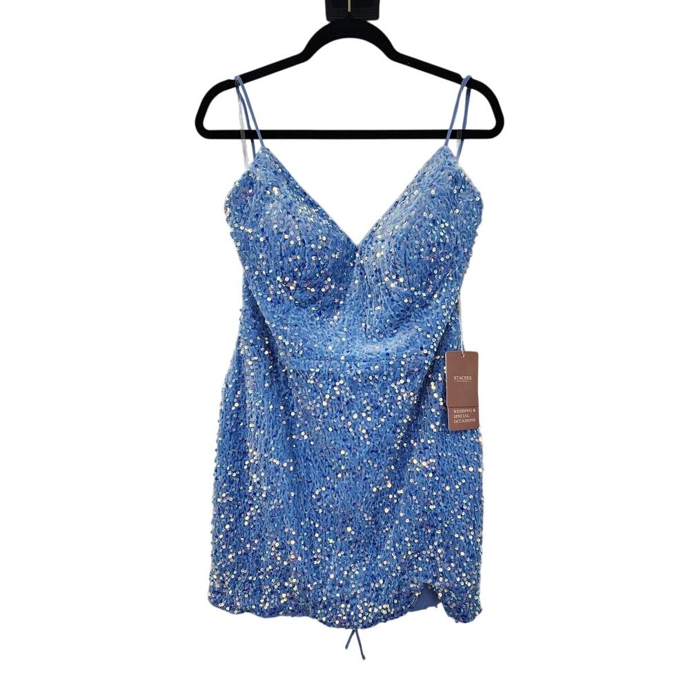 New NWT Stacees Short Sequin Blue Velvet Mini Dress Size‎ 16 In Lavender - Picture 2 of 10